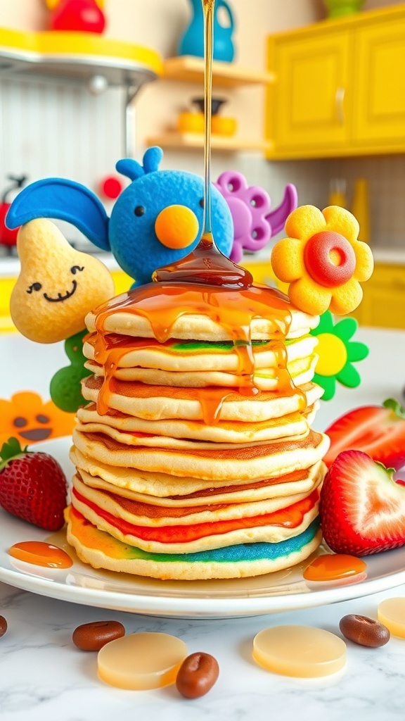 A stack of colorful 3D pancake art with various designs, served with syrup and fresh fruit.